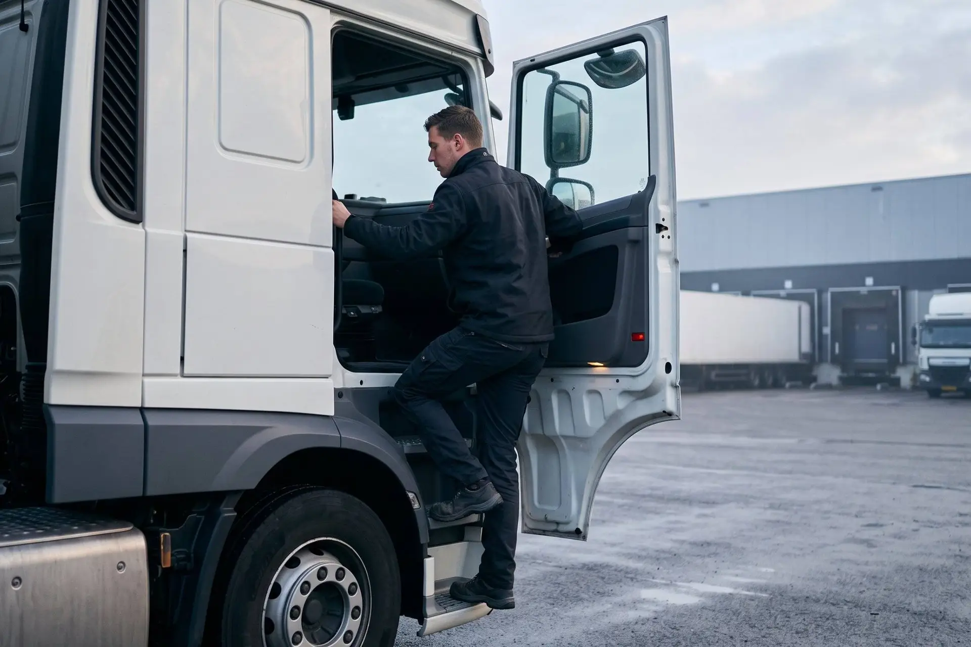Jonge chauffeur in donkere werkkleding klimt in de vroege ochtend in de cabine van een witte vrachtwagen op een distributieterrein