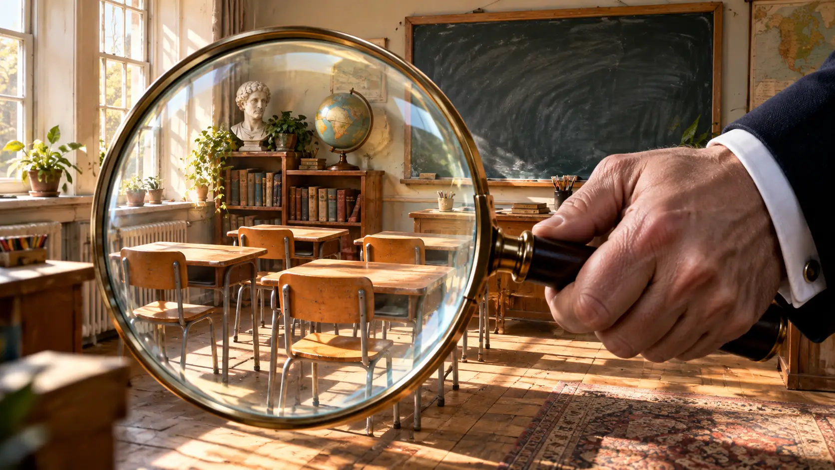 Hand met vergrootglas boven een klein klaslokaal met vier lege stoeltjes, symbool voor de jacht op de FVD-school