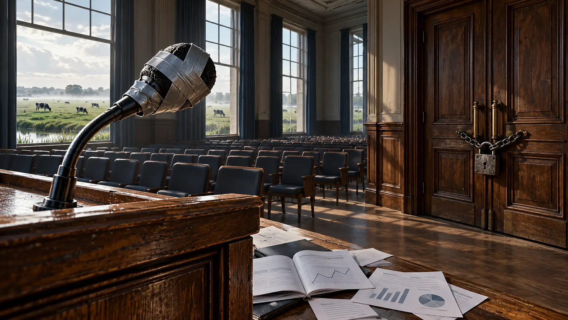 Lege congreszaal met een dichtgeplakte microfoon en een hangslot op de deur