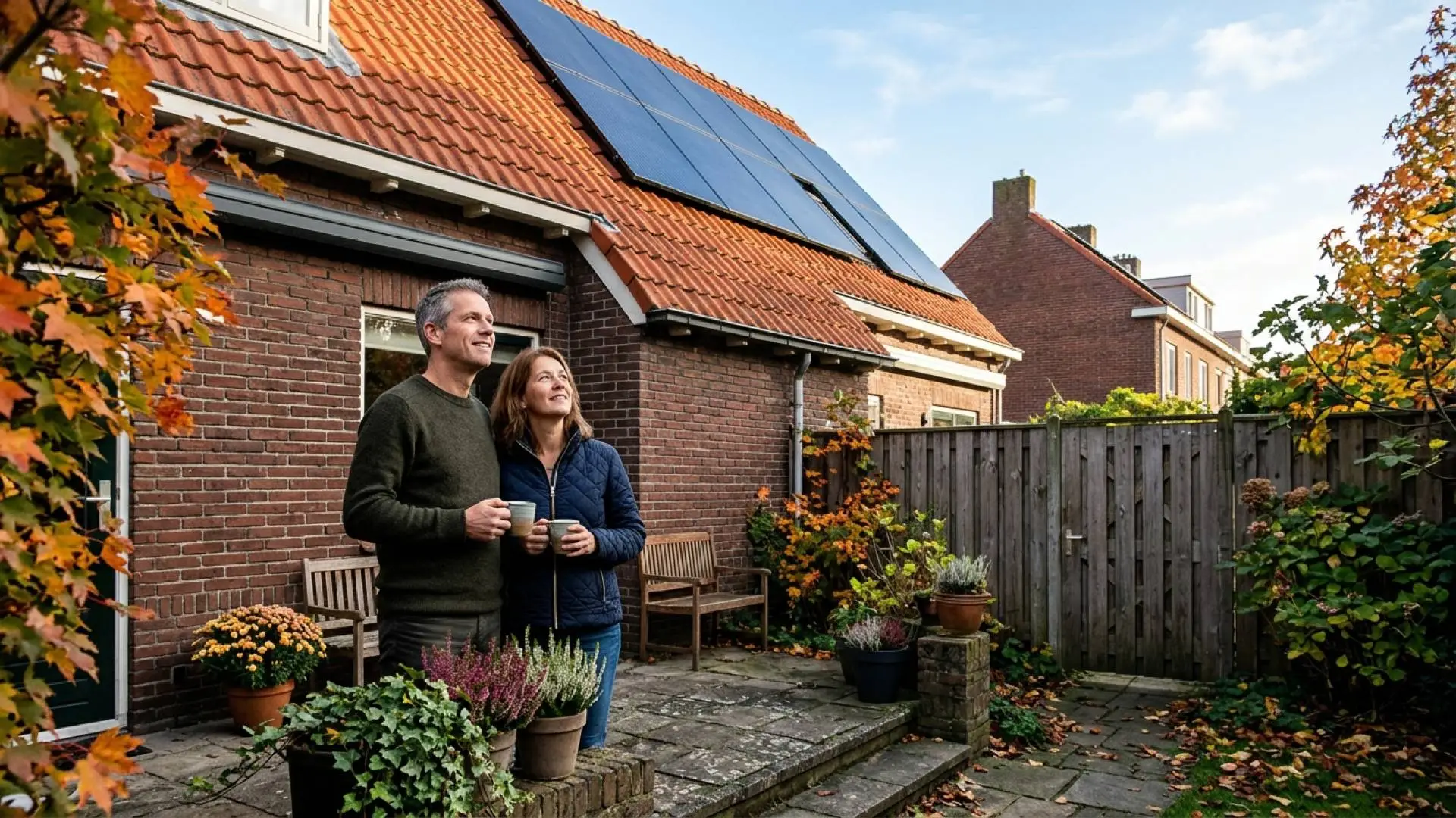 Nederlands stel met koffiemokken kijkt in de achtertuin omhoog naar zonnepanelen op het rode pannendak van hun woning.