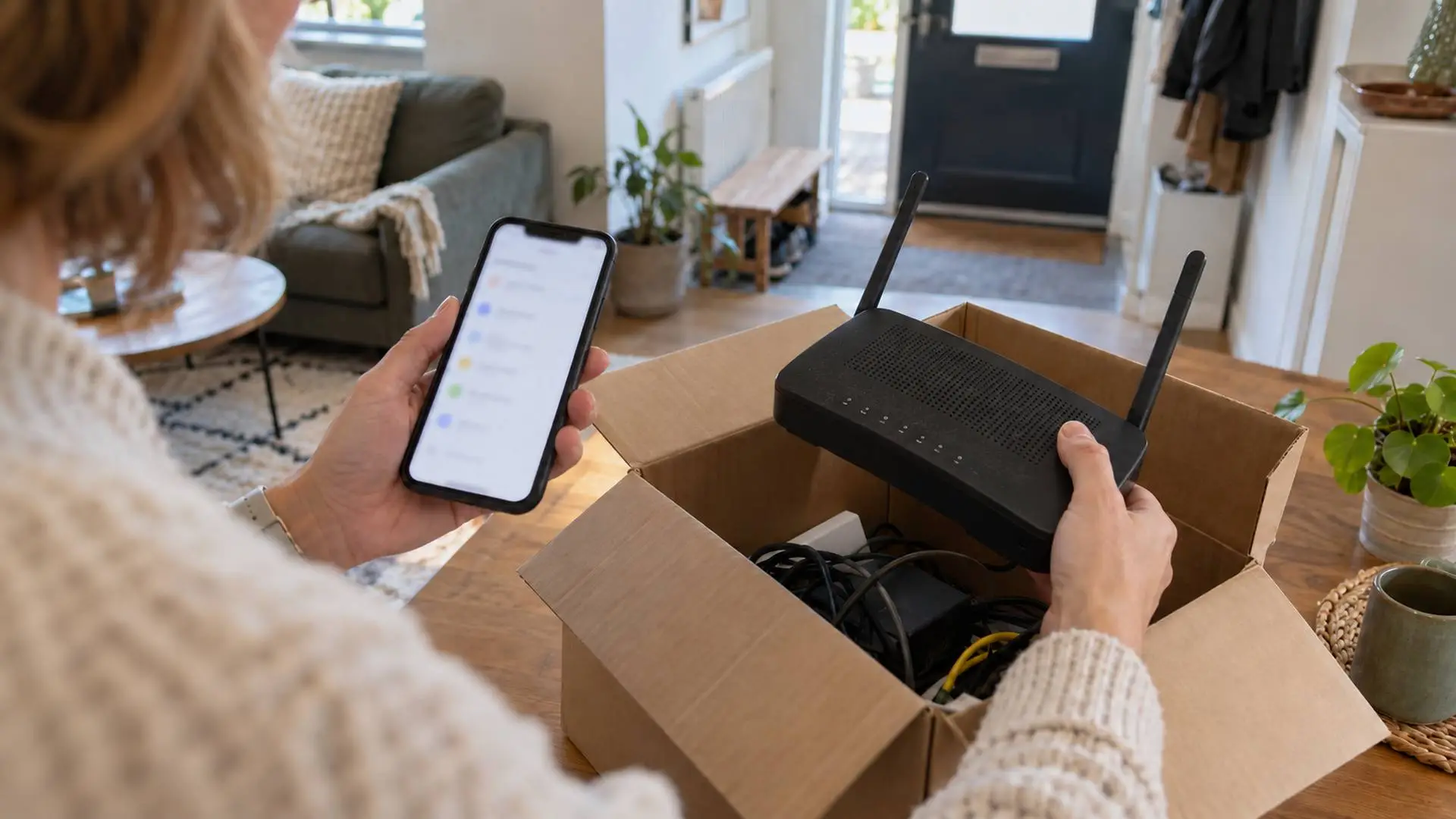 Illustratie van een bewoner met een smartphone en een oude router in een doos.