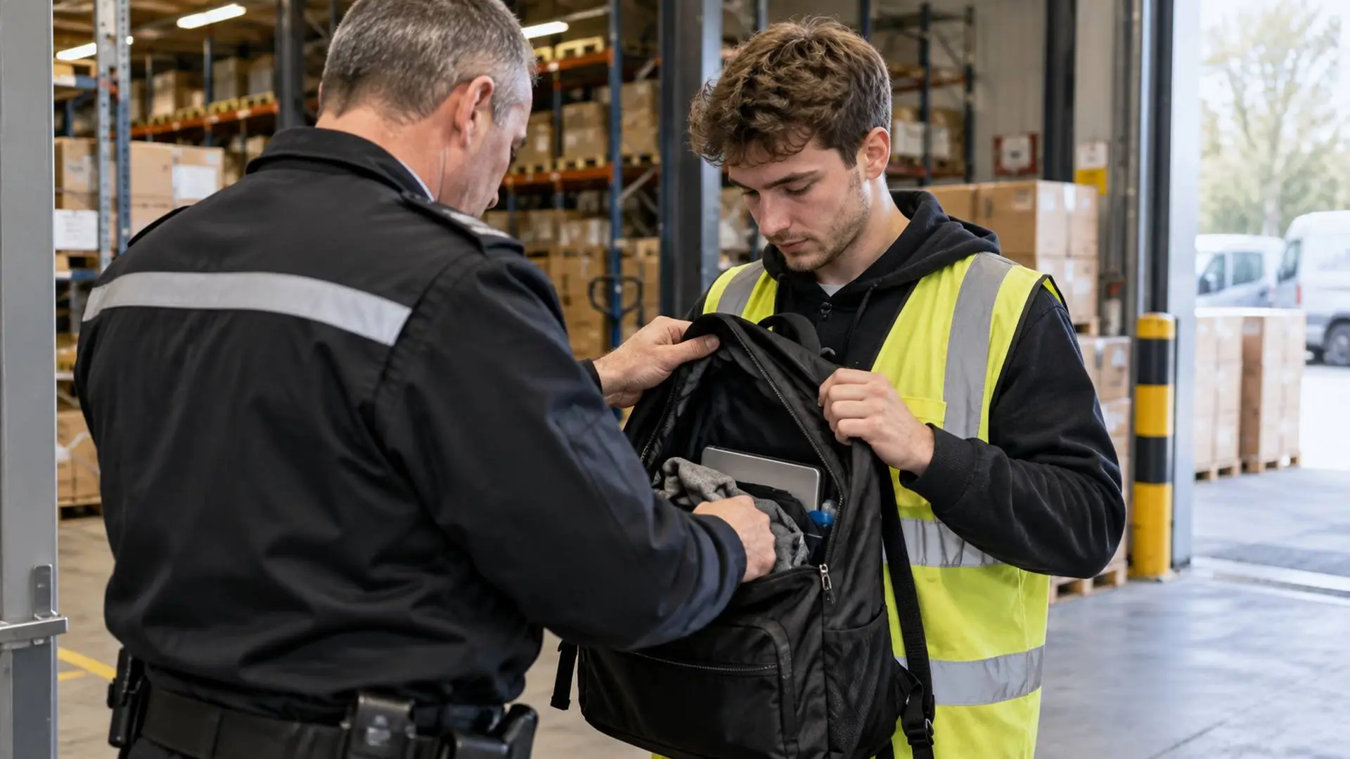 Illustratie van een beveiliger die de rugzak van een magazijnmedewerker bij de uitgang controleert.