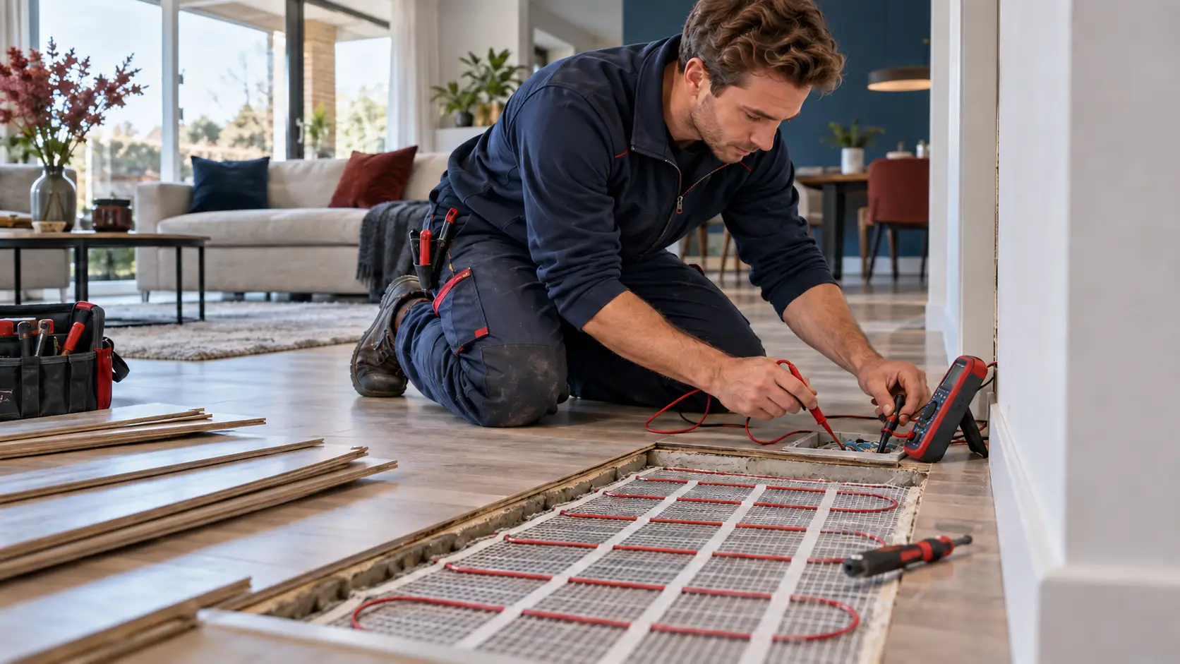 Vakman meet aan elektrische vloerverwarming onder een opengebroken vloer