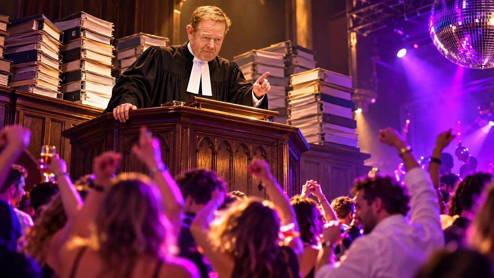 Satirische AI-illustratie van David van Weel als strenge dominee boven een paars verlichte dansvloer, met stapels dossiers achter hem.