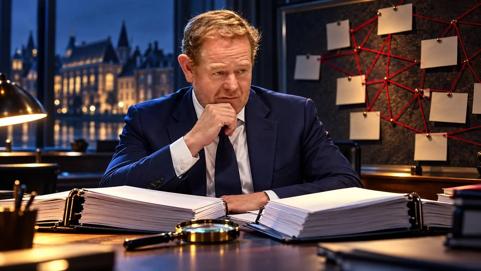 AI-Illustratie van David van Weel achter een bureau met onderzoeksdossiers en een bord met verbonden dossierkaartjes.