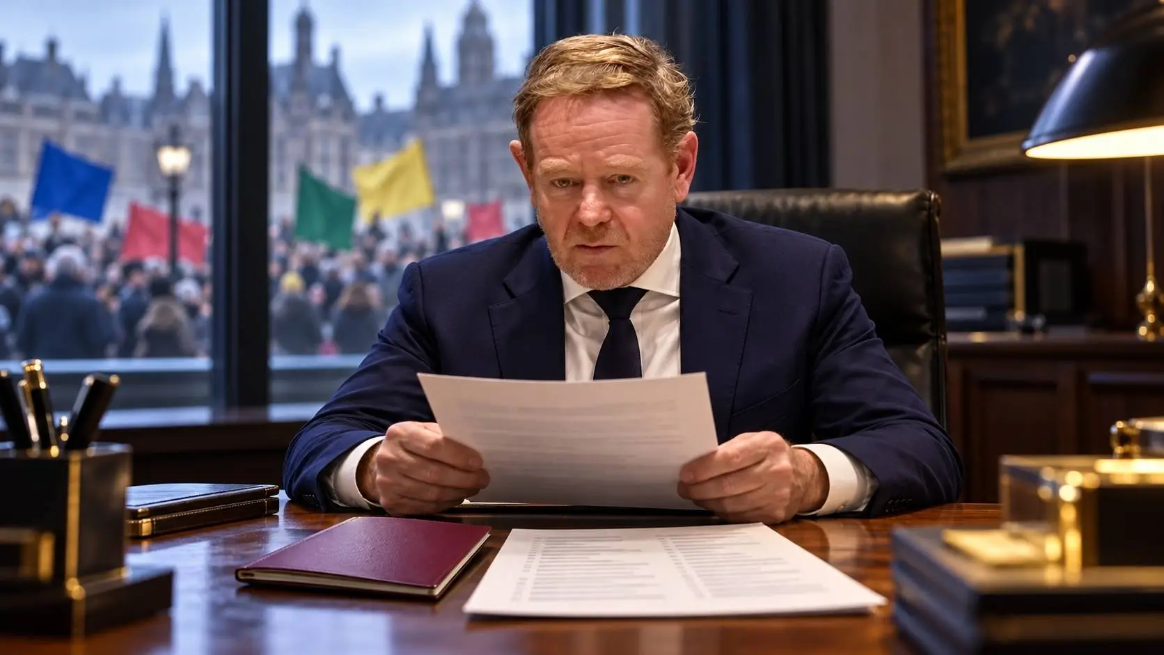Illustratie van David van Weel aan zijn bureau met een paspoort en documenten, met achter het raam een demonstratie met effen vlaggen.