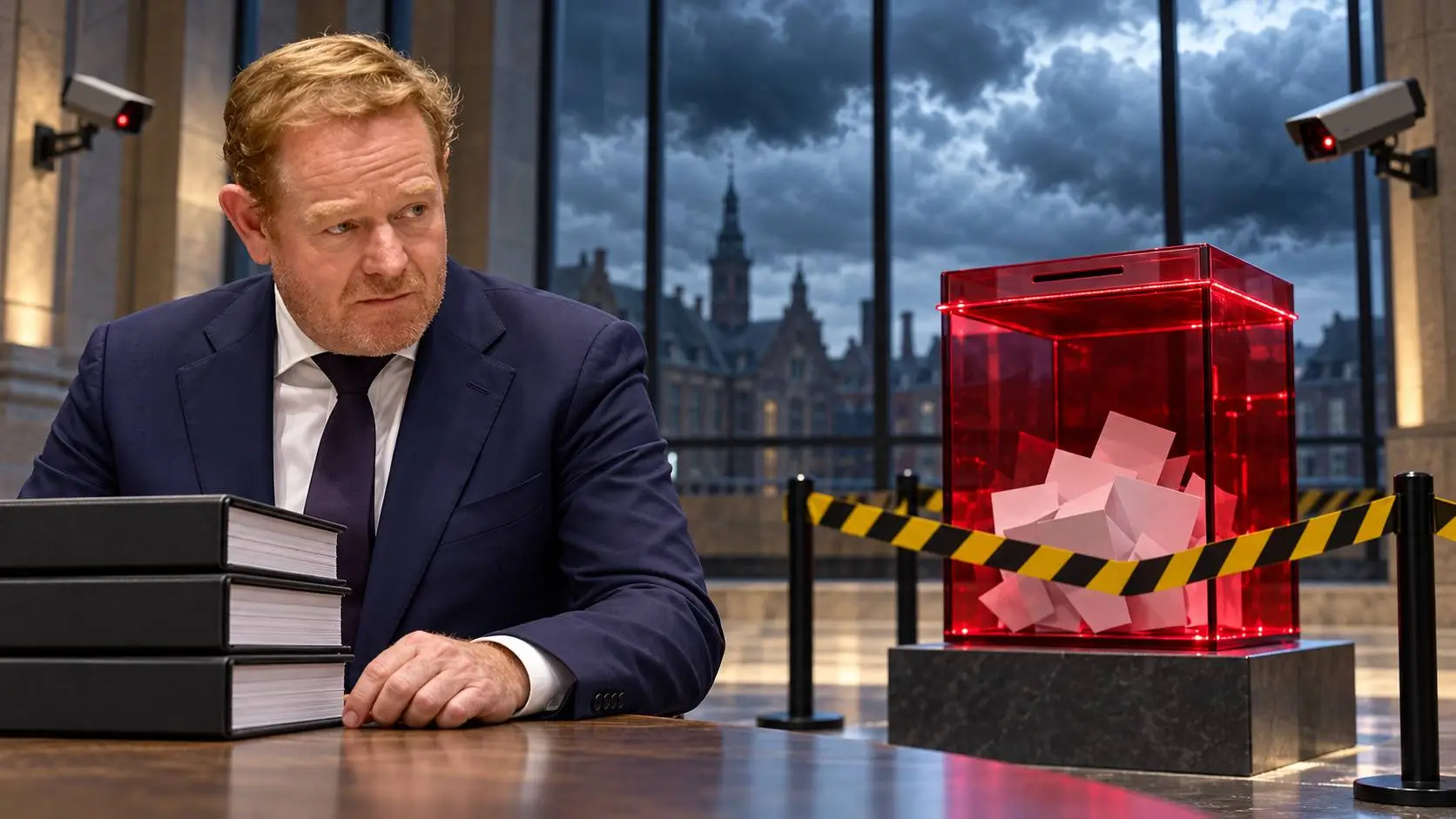 VVD-minister David van Weel bij een stapel rapporten naast een rode stembus achter afzetlint en bewakingscamera's