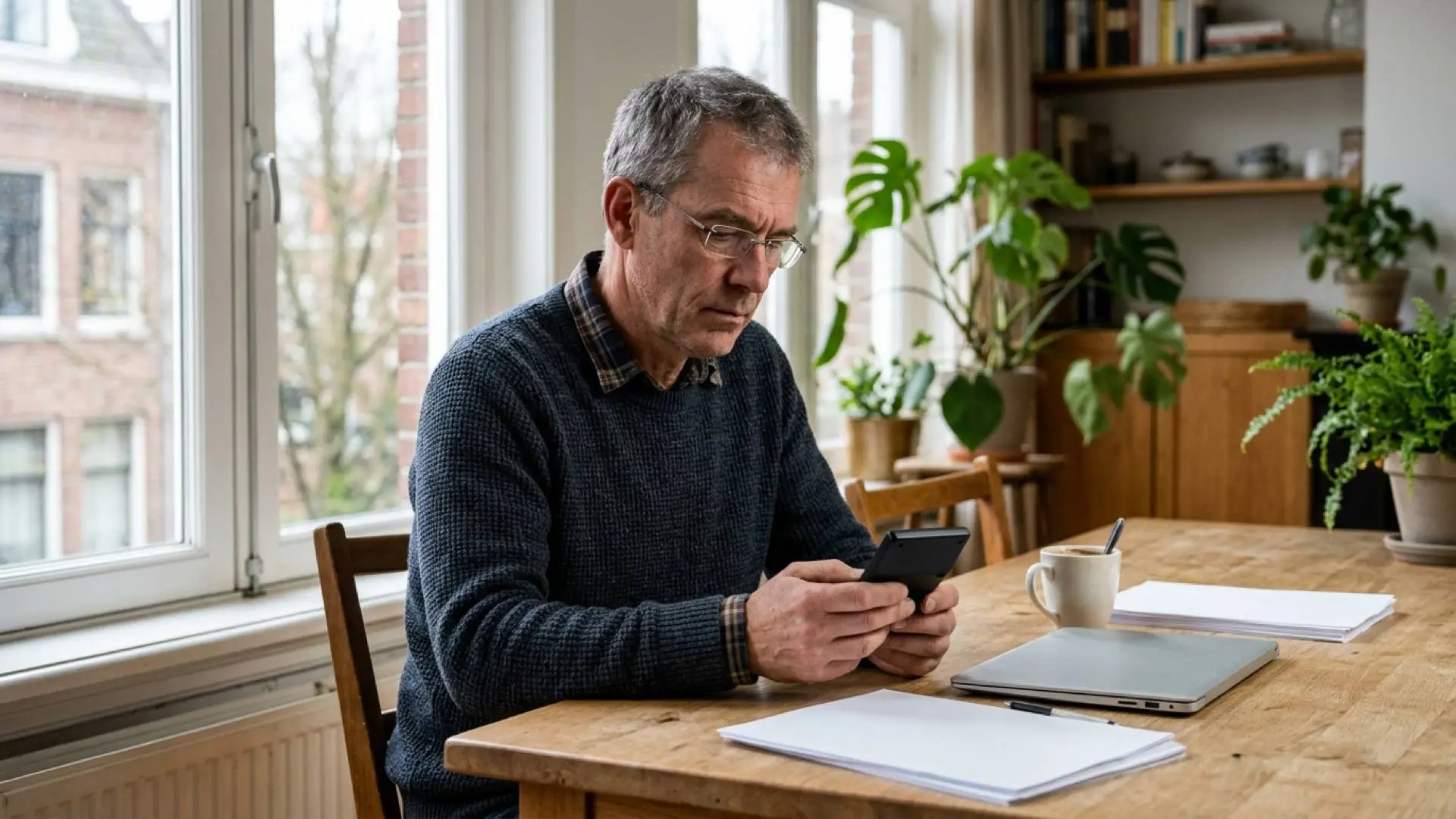 Man met leesbril en donkerblauwe trui kijkt naar een rekenmachine aan een houten tafel met gesloten laptop en koffiemok.