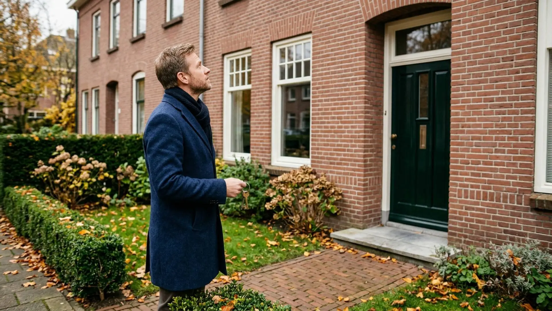 Man in een donkerblauwe jas met een sleutelbos in zijn hand kijkt omhoog naar de gevel van een bakstenen rijtjeshuis.