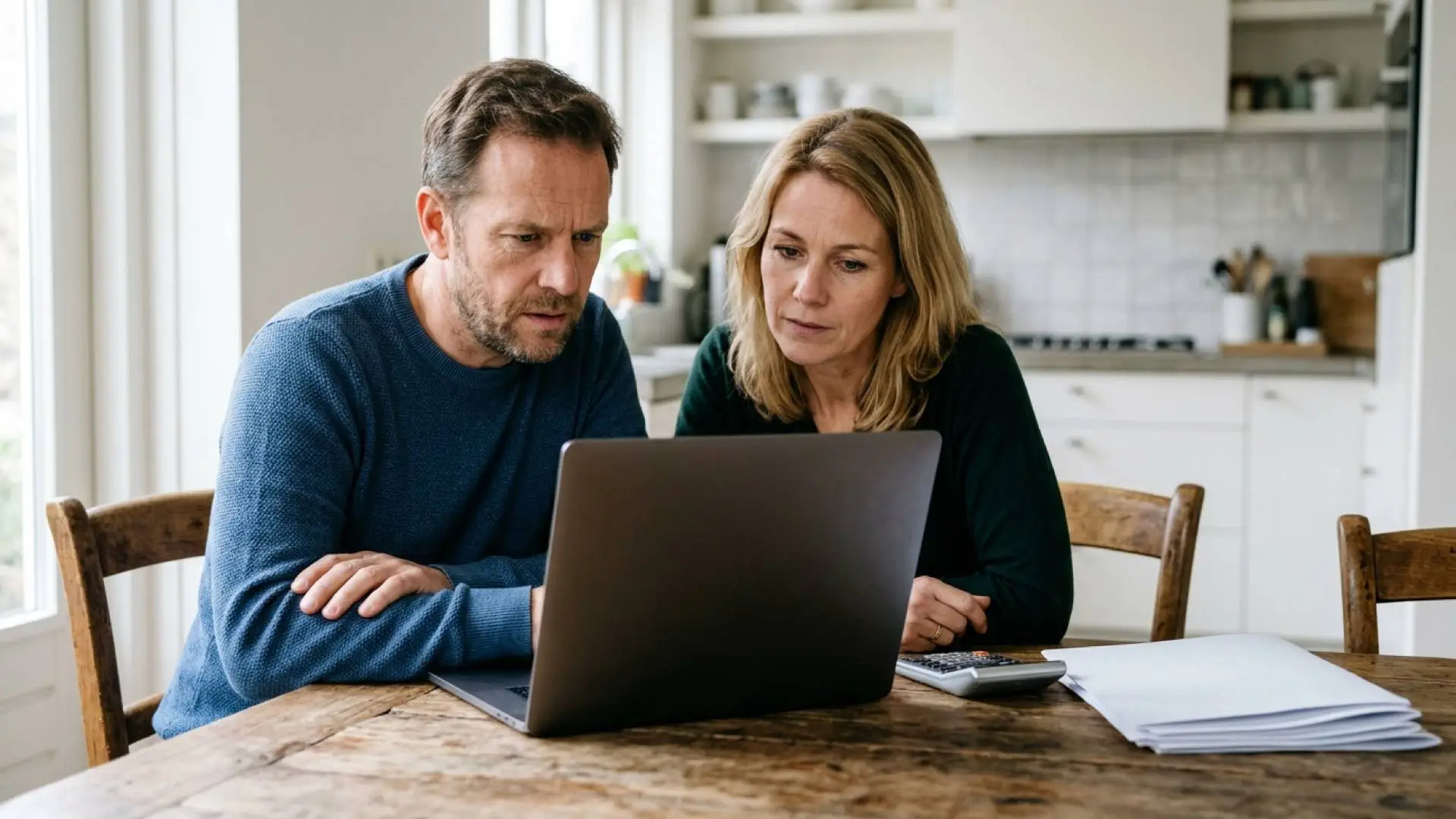 Man en vrouw kijken samen aan een houten keukentafel naar een laptop naast een rekenmachine en een stapel wit papier.