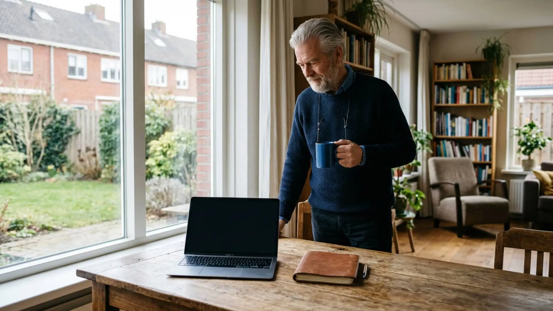 Oudere man met een blauwe koffiemok staat bij het raam en kijkt naar een open laptop en notitieboek op een houten tafel.