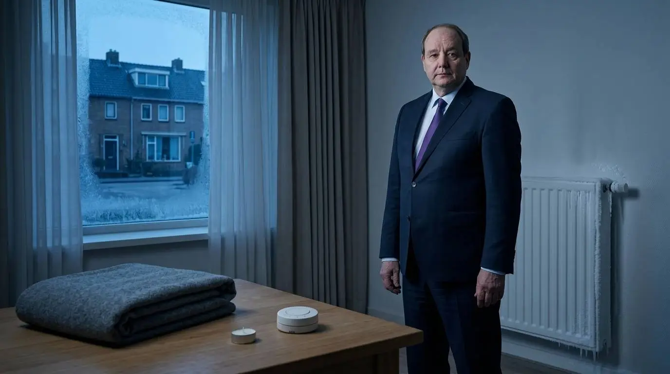 D66-minister Hans Vijlbrief staat in een koude, donkere woonkamer naast een bevroren, uitgeschakelde radiator en een wollen deken.