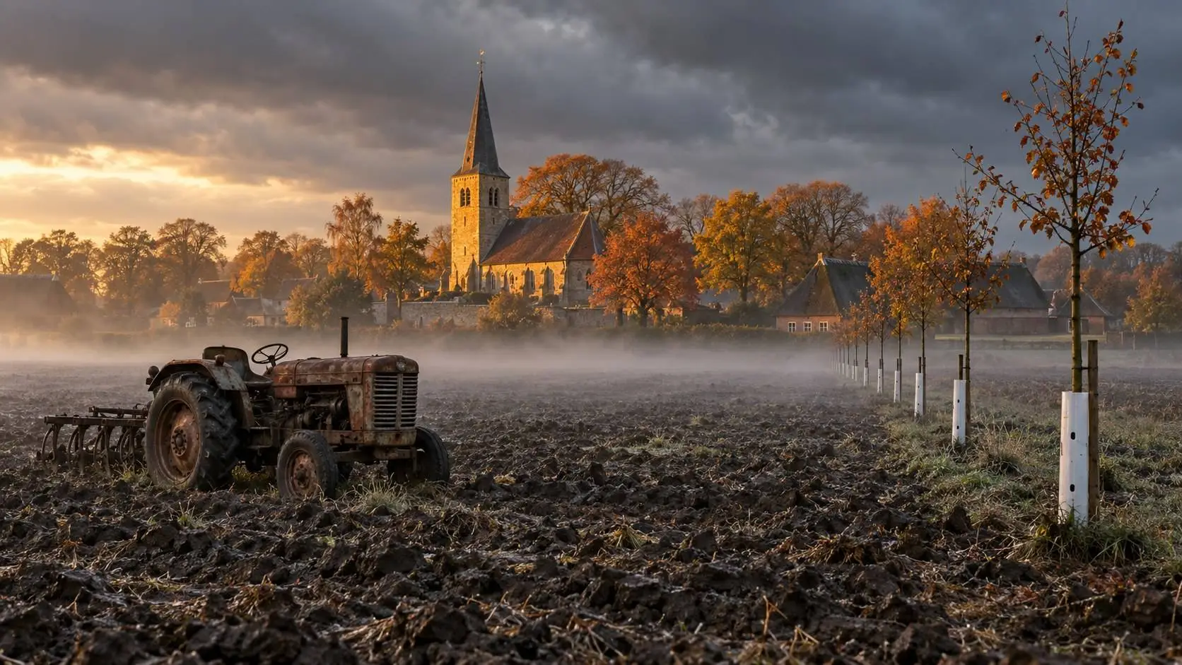 Verlaten trekker op een akker met een oude dorpskerk op de achtergrond: de kerk in Rolde verkoopt pachtgrond aan de provincie