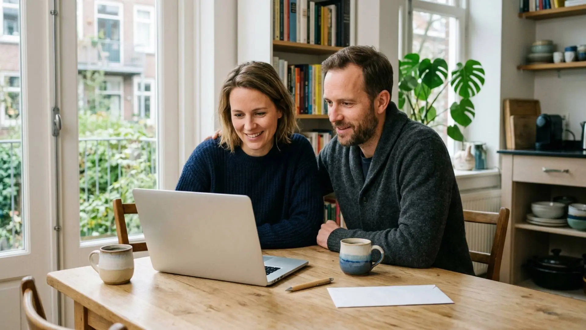 Stel aan een houten keukentafel met een geopende laptop, een witte envelop, een balpen en twee koffiemokken.