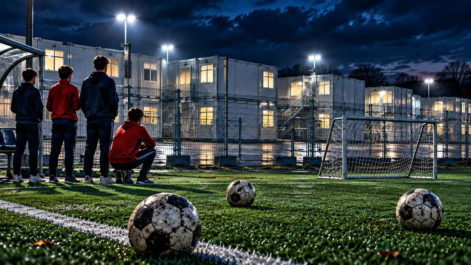 Jonge voetballers kijken vanaf de zijlijn naar witte wooncontainers achter een bouwhek.