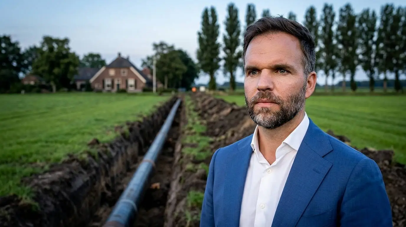 Staatssecretaris Derk Boswijk bij een weiland met een sleuf en een stalen buis, met een boerderij op de achtergrond