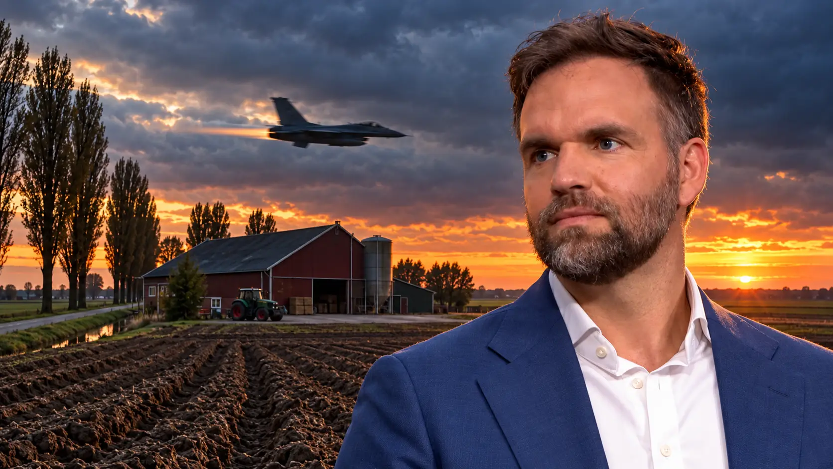 Illustratie van Derk Boswijk voor een Flevolandse boerderij, met een laagvliegende straaljager boven het erf bij zonsondergang.