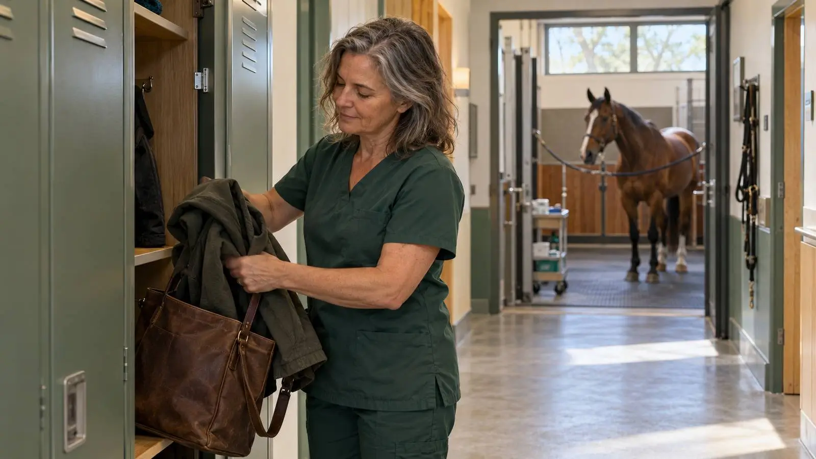 Dierenartsassistente haalt haar spullen uit haar kluisje in een paardenkliniek.
