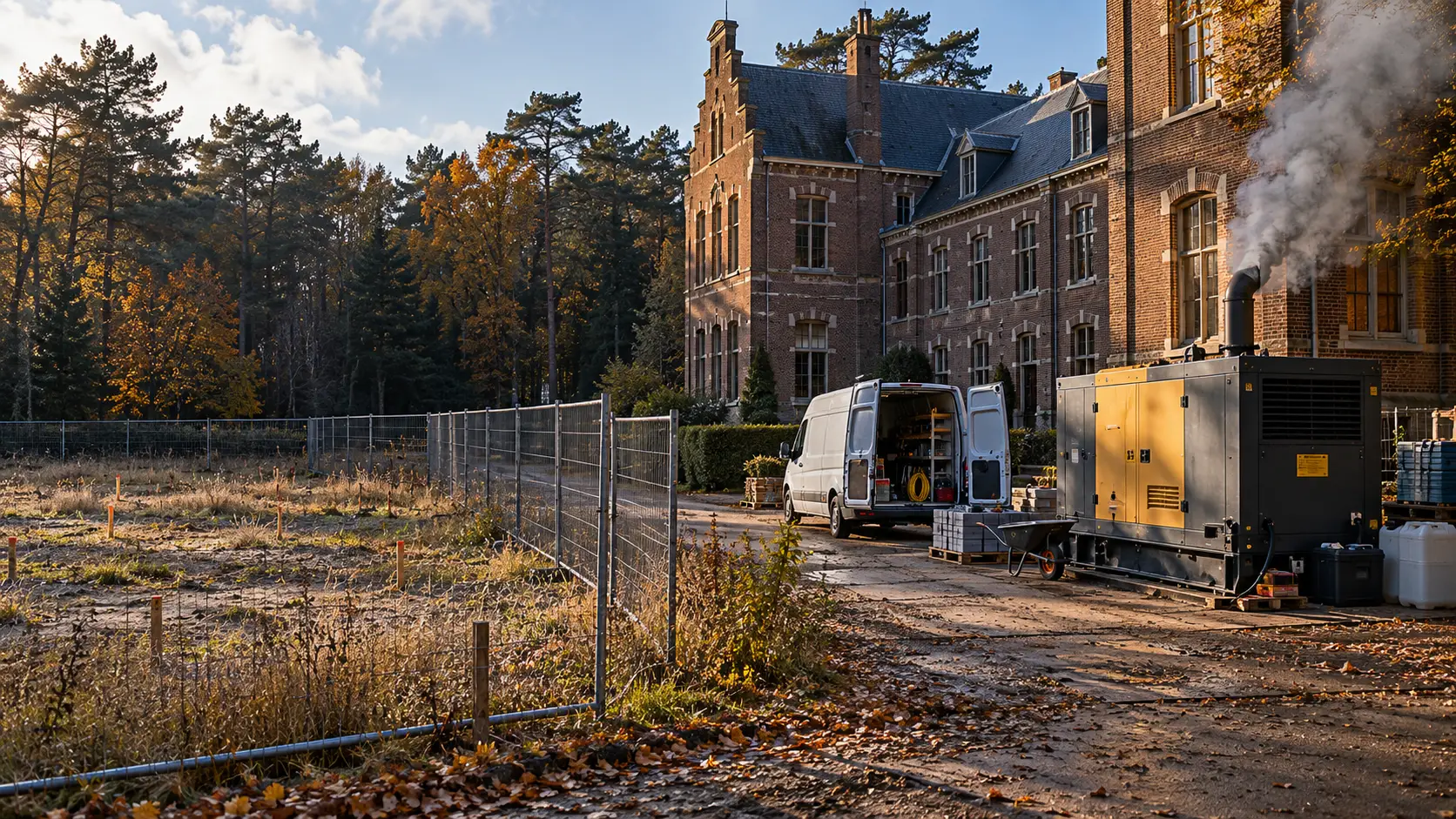 en rokend dieselaggregaat bij een oud instellingsgebouw, naast een overwoekerde bouwkavel.