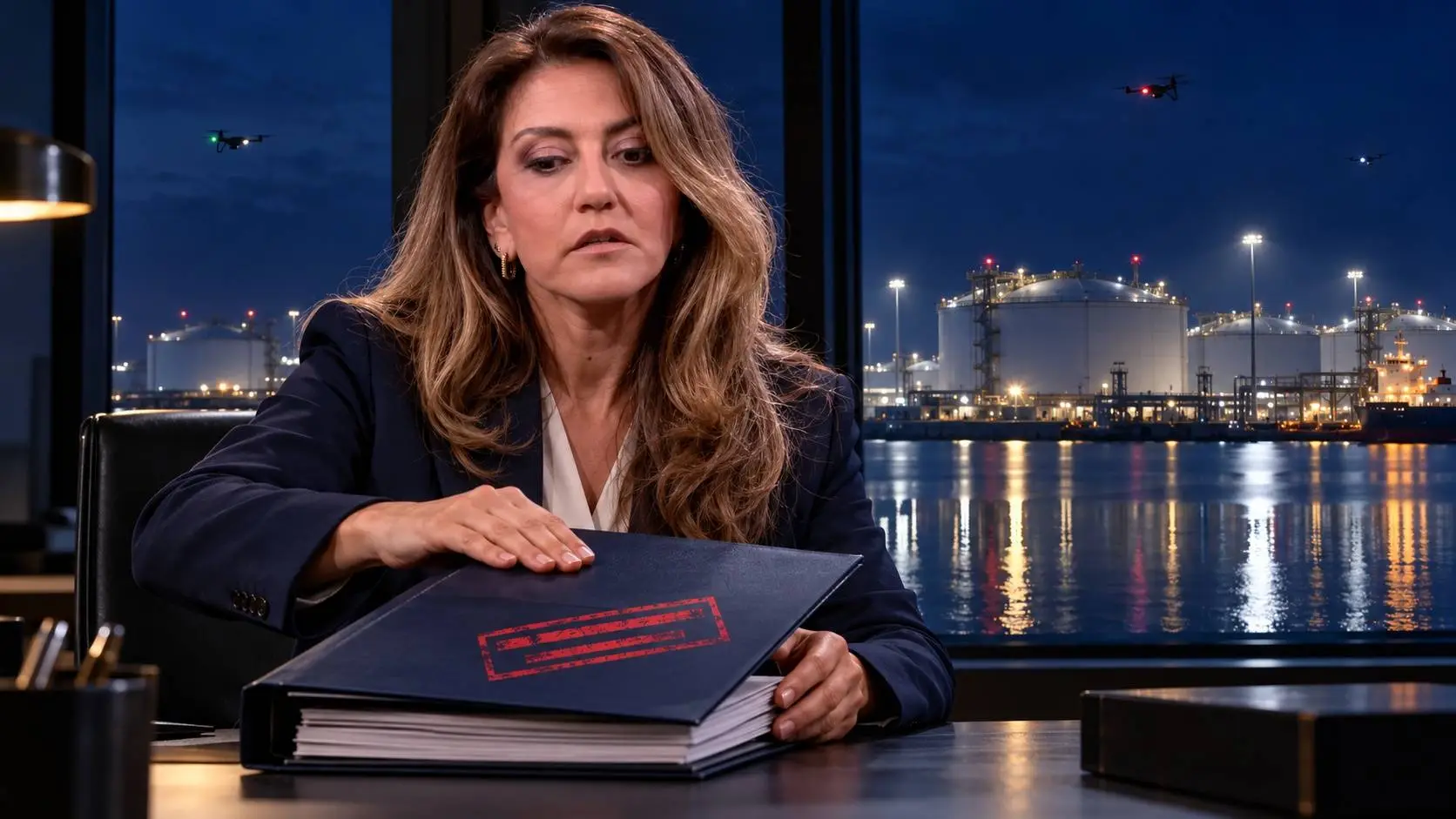 Illustratie van Dilan Yeşilgöz die een dossiermap sluit, met achter het raam een nachtelijke LNG-haven en dronelichtjes.