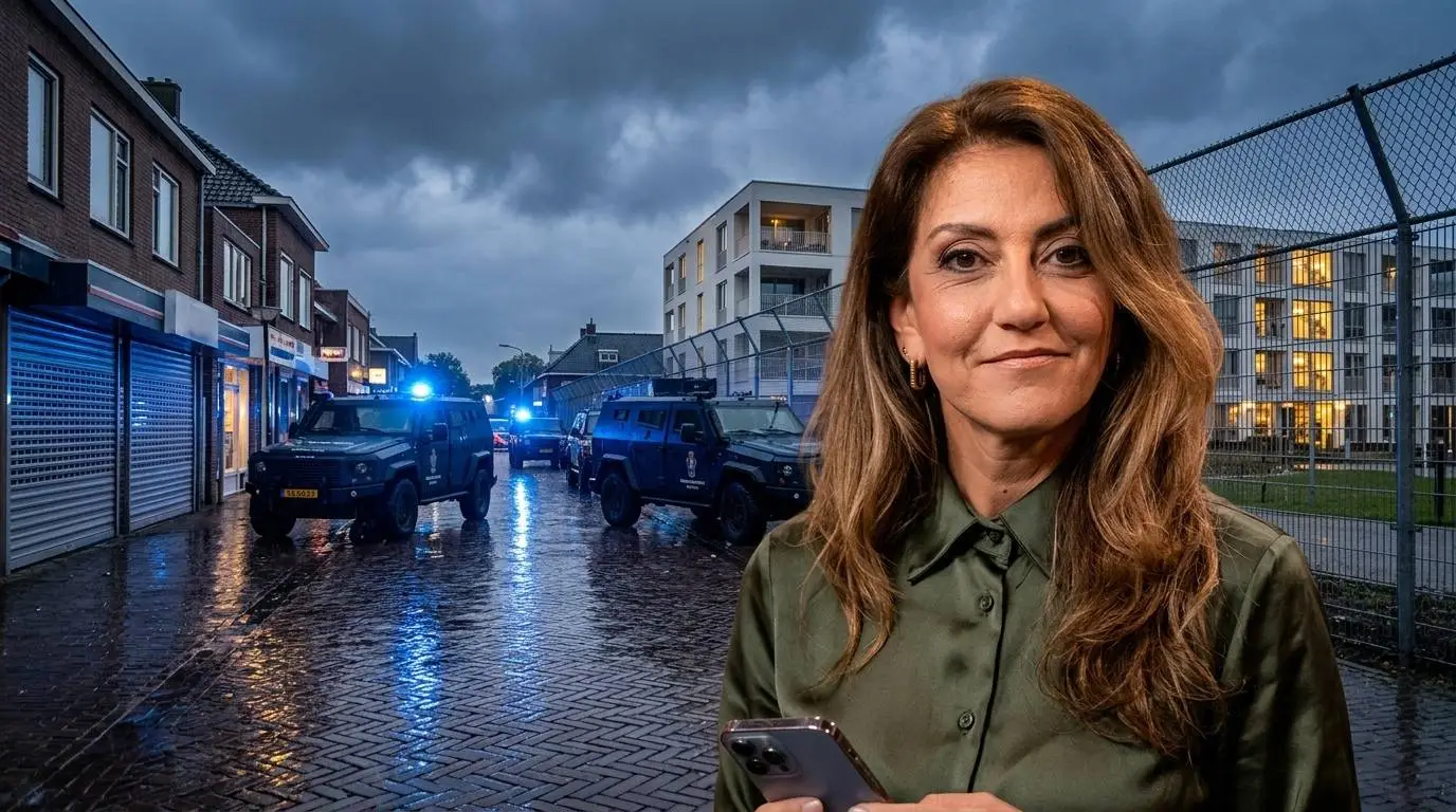 Minister Dilan Yeşilgöz naast een voertuig van de Koninklijke Marechaussee in de winkelstraat van Ter Apel.