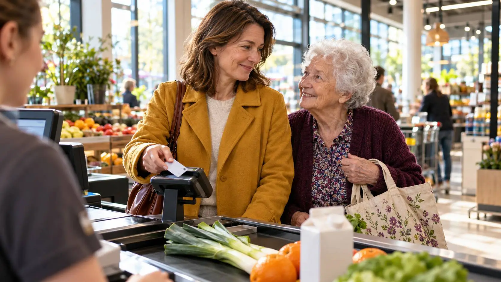 Dochter betaalt de boodschappen bij de supermarktkassa terwijl haar oudere moeder met een boodschappentas naast haar staat.