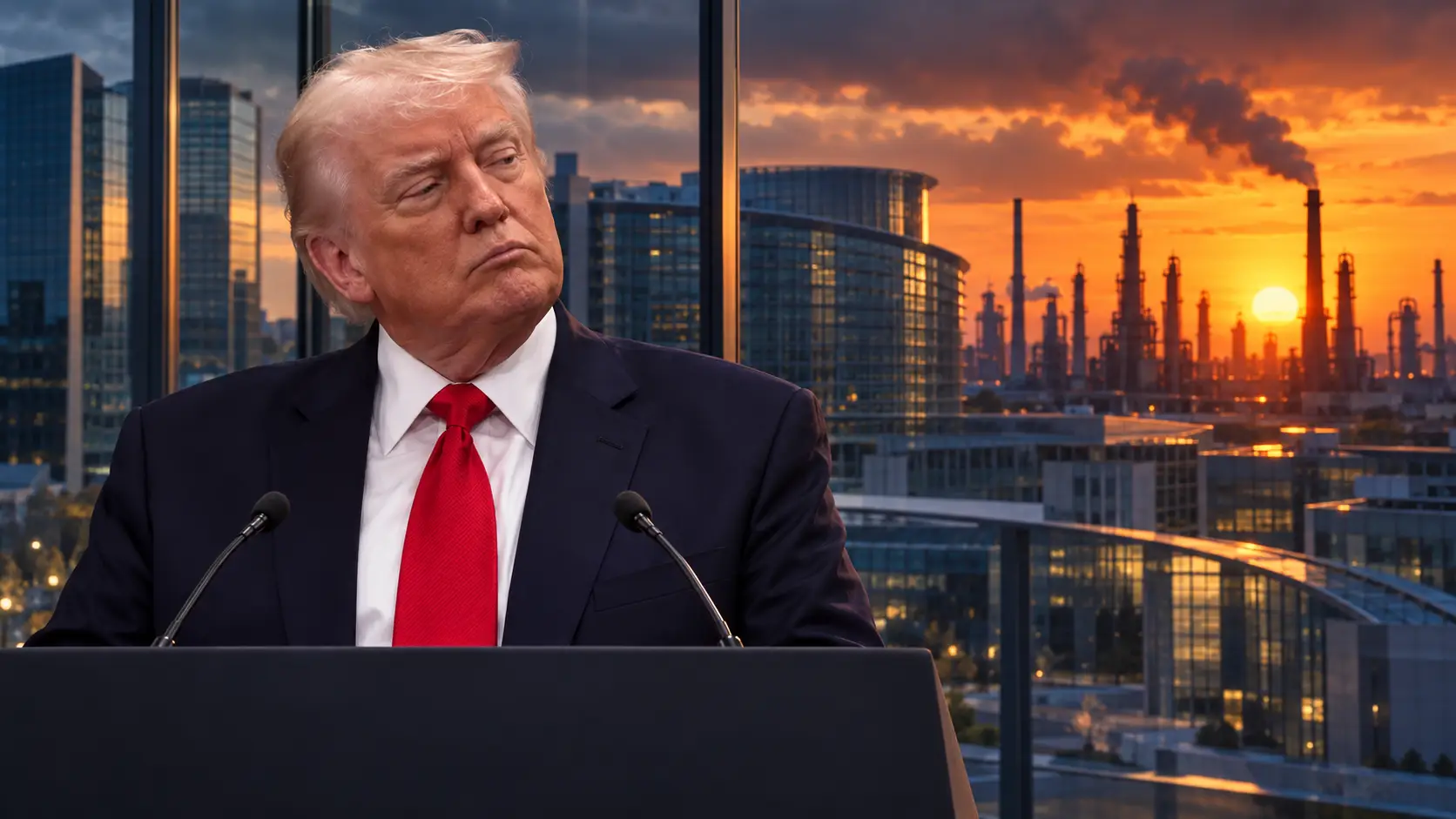 Illustratie van Donald Trump achter een spreekgestoelte, met Brussel en een olieraffinaderij bij zonsondergang op de achtergrond.