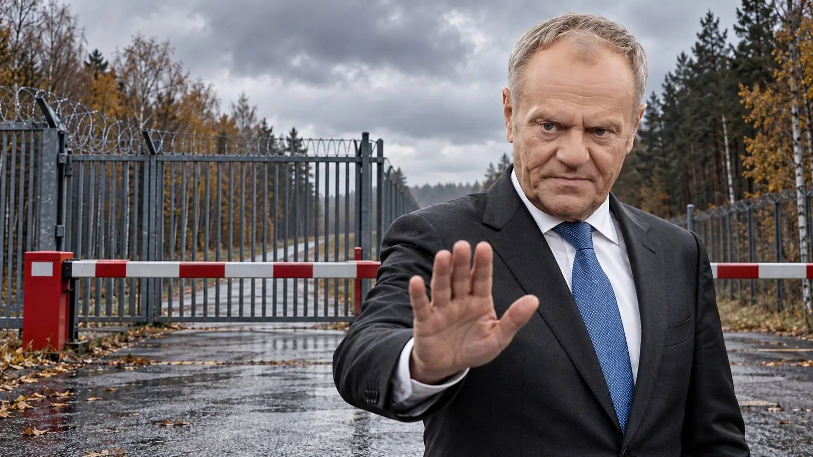 Illustratie van Donald Tusk met opgeheven hand voor een gesloten grenshek en slagboom, als symbool voor de Poolse grensmaatregel bij Wit-Rusland.