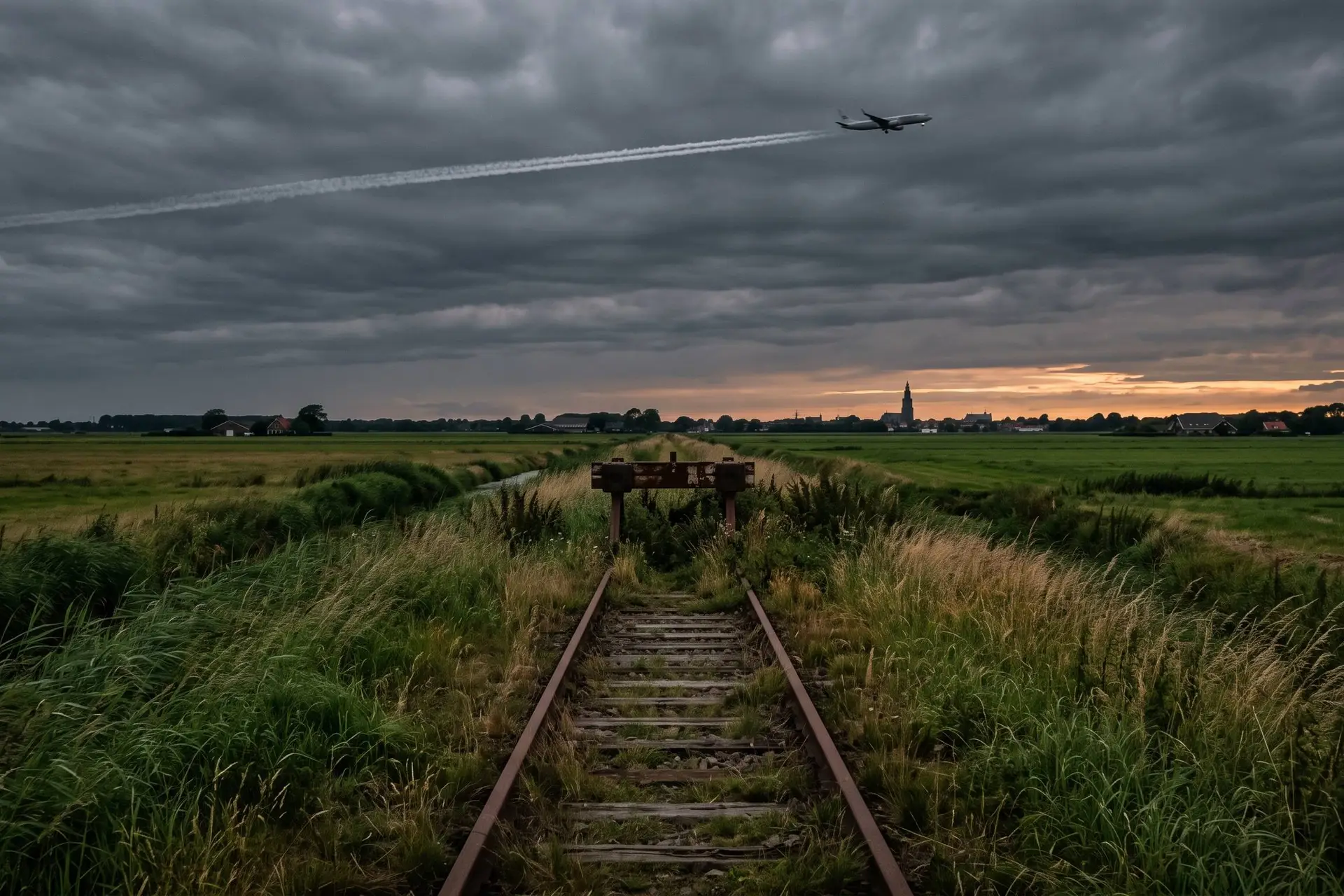 Doodlopend spoor met roestig stootblok in Gronings weiland, vliegtuig erboven: geen garantie voor de Lelylijn