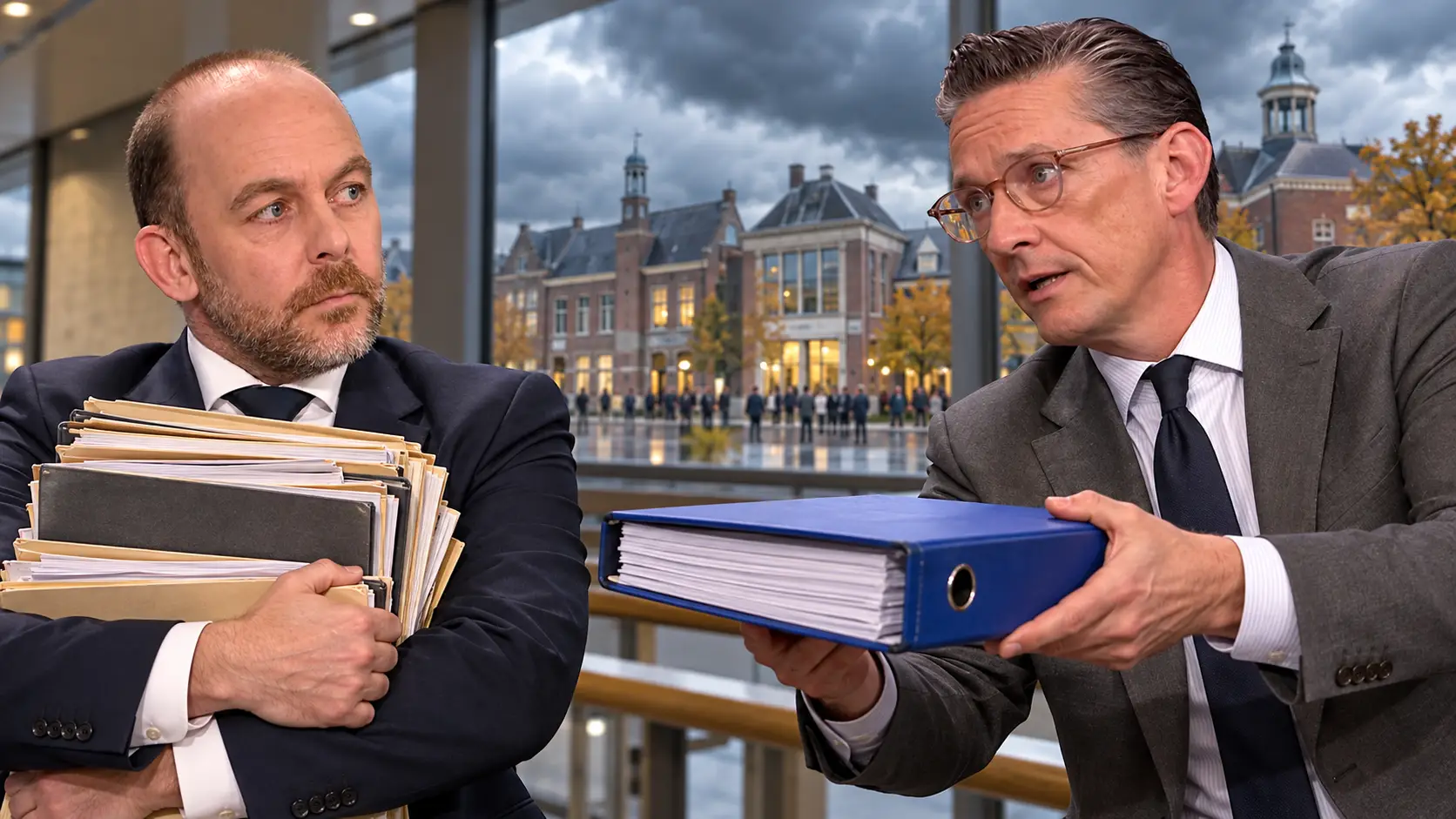 Illustratie van Bart van den Brink met een stapel dossiers, terwijl Joost Eerdmans hem een blauwe map aanreikt in de wandelgangen van de Tweede Kamer.