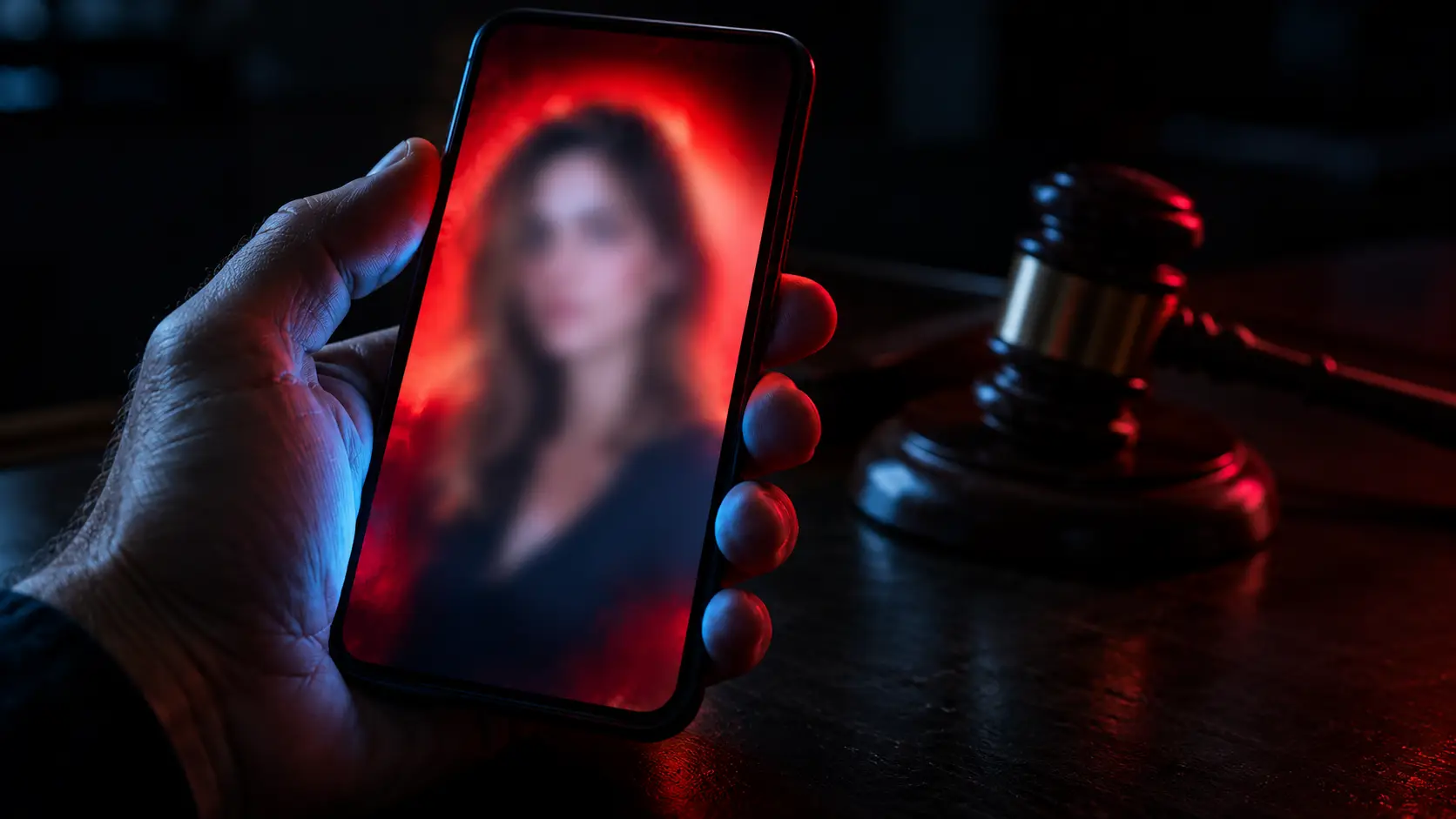 Hand met smartphone in een donkere kamer, op het scherm een wazige foto van een vrouw, symbool voor doxing door rapper Appa