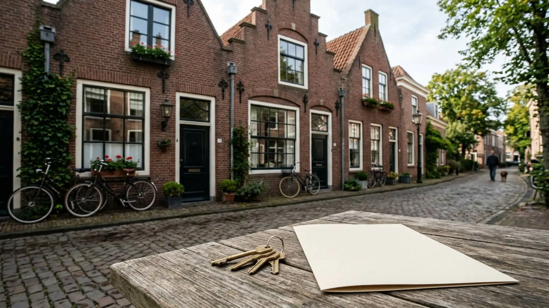 Drie Nederlandse bakstenen rijtjeshuizen met op de voorgrond een houten tafel met een sleutelbos en een blanco map.