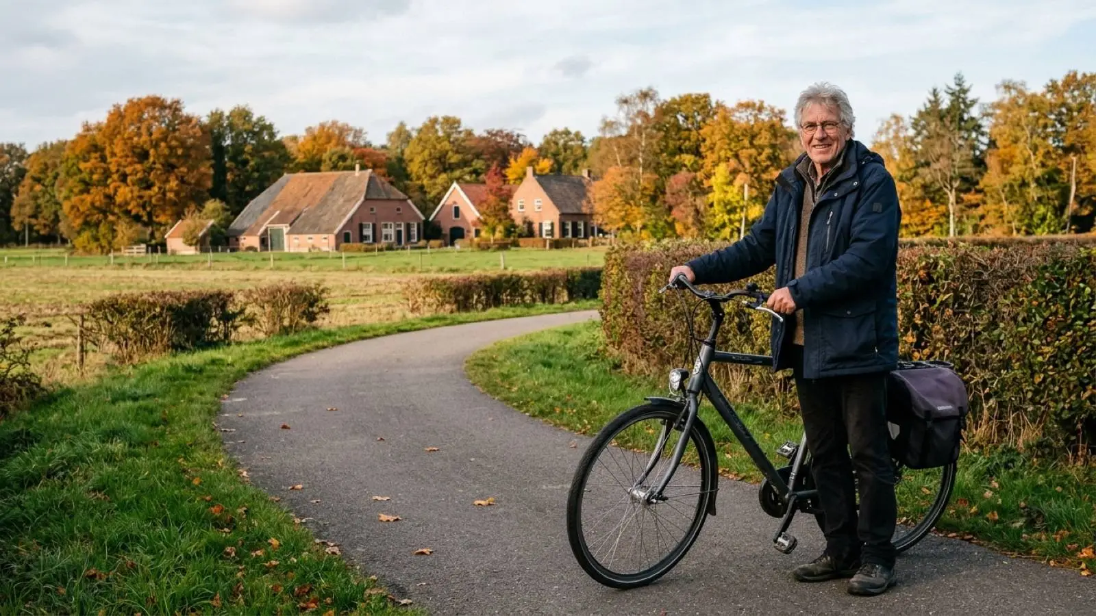 Oudere Nederlandse man met fiets bij de grens die naast zijn AOW een Duitse ouderdomsrente ontvangt