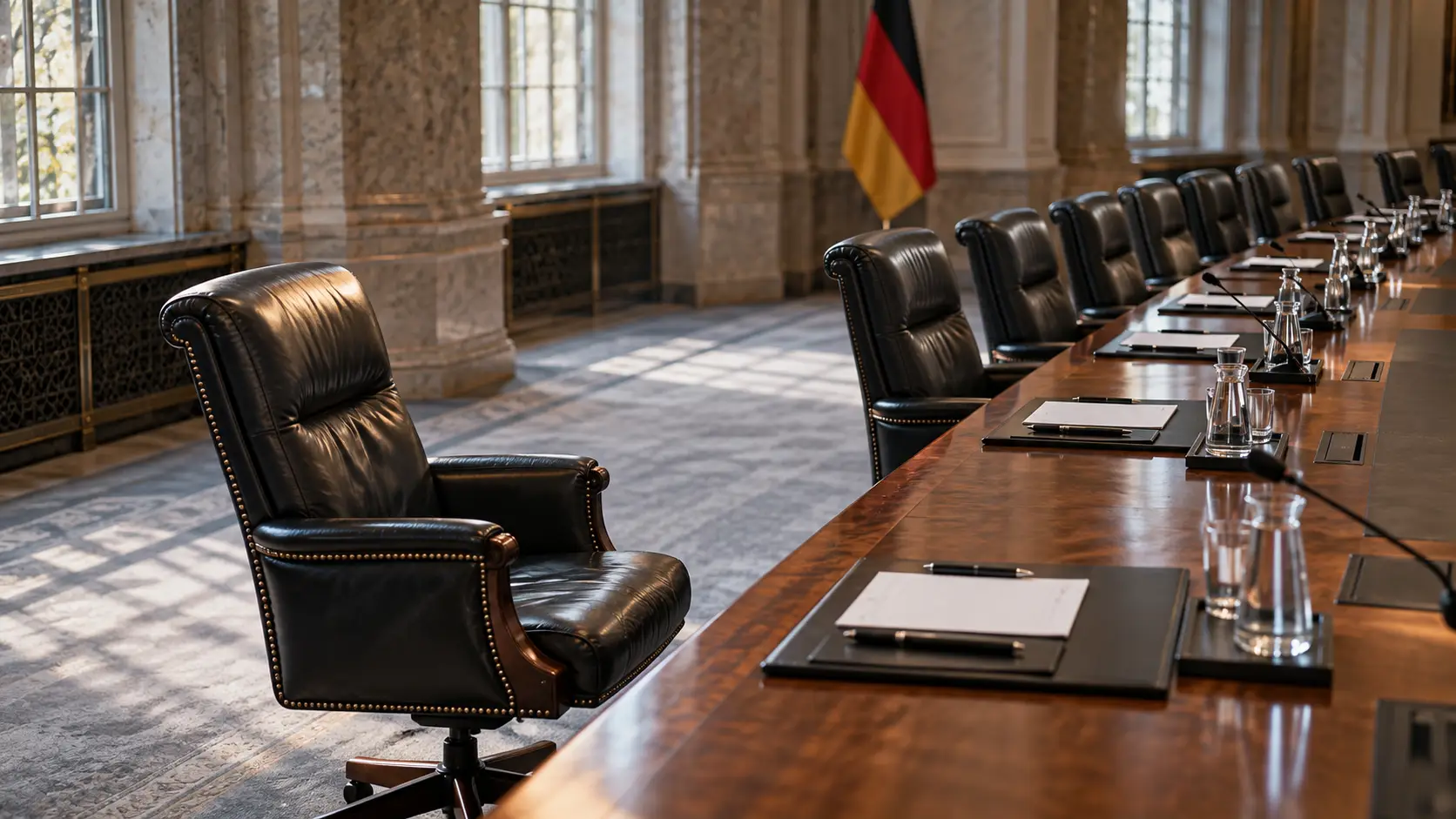 Illustratie van een uitgeschoven stoel aan een Duitse ministeriële vergadertafel.
