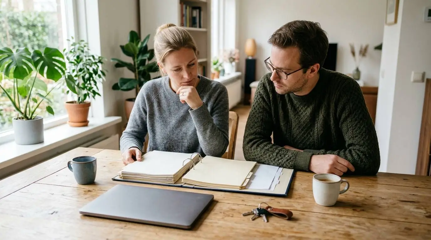 Broer en zus bekijken aan een houten eettafel een blauwe ordner met de administratie van een nalatenschap.