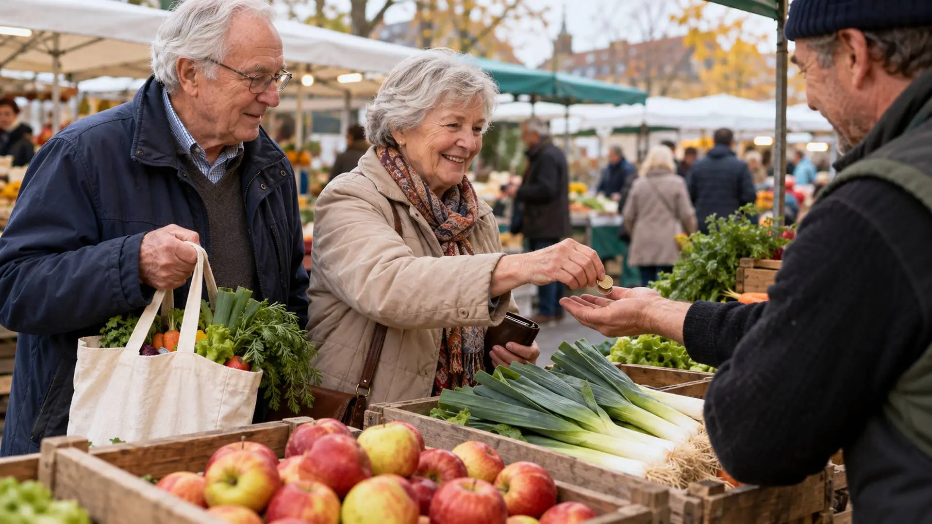 Echtpaar van begin zeventig rekent contant af bij een groentekraam op de weekmarkt.