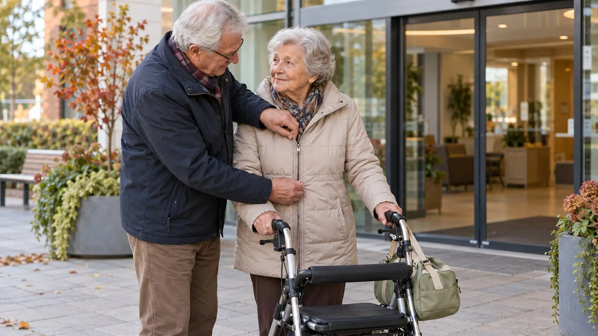 Echtpaar van begin zeventig bij de schuifdeuren van een verzorgingshuis met een rollator en weekendtas.