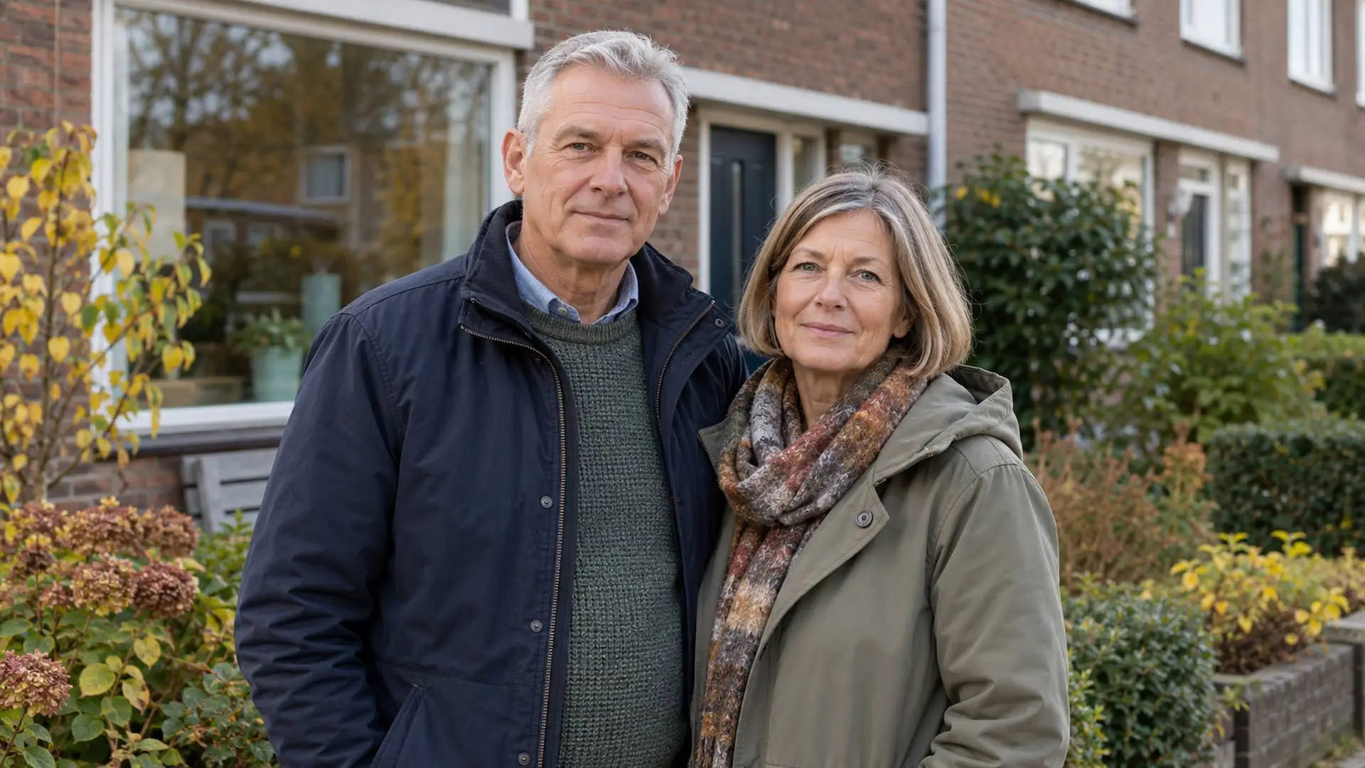 Een echtpaar van rond de zestig voor een rijtjeshuis.