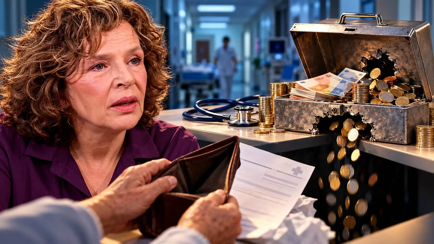 AI-Illustratie van Edith Schippers naast een lekkende geldkist met zorggeld, met op de voorgrond een lege portemonnee en een zorgrekening.