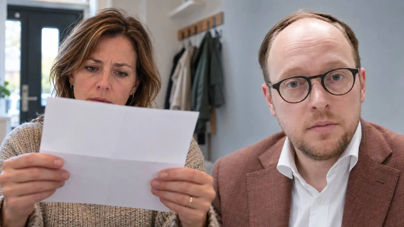 Redactionele fotomontage van een bezorgde vrouw met een geopende brief in haar hal, naast een portret van Eelco Eerenberg.