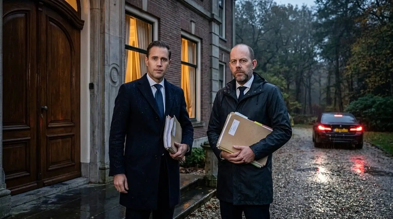 VVD-minister Eelco Heinen en CDA-vicepremier Bart van den Brink met dikke belastingdossiers voor de deur van een afgelegen landhuis met gesloten gordijnen en een wachtende dienstauto.