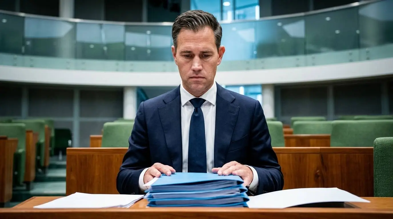 VVD-minister van Financiën Eelco Heinen achter de regeringstafel met een stapel blauwe belastingdossiers.