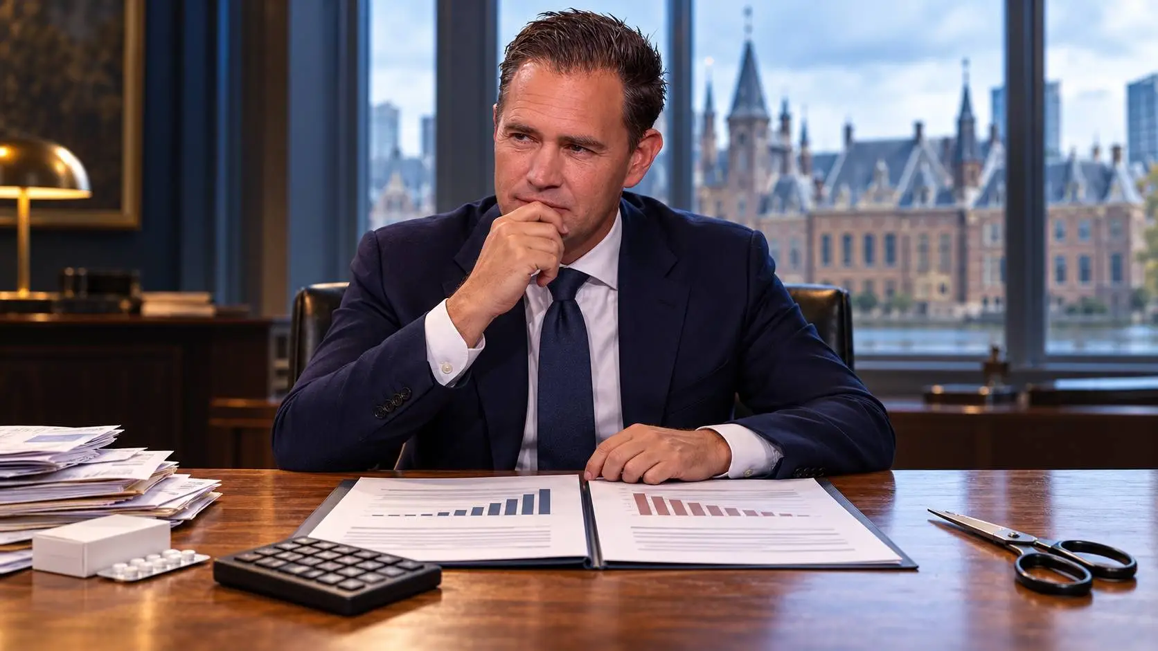 Illustratie van Eelco Heinen achter een tafel met begrotingspapieren, een rekenmachine, medicijnen en een gesloten schaar.