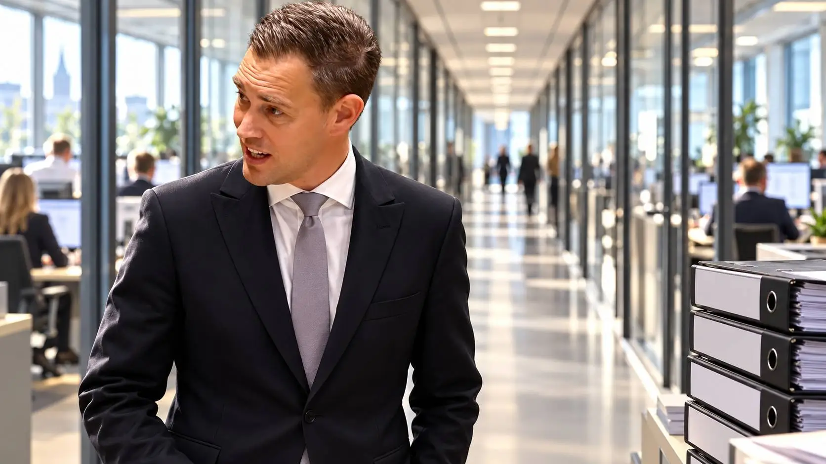 AI-Illustratie van minister Heinen in een lange kantoorgang met rijen ambtenaren achter beeldschermen.