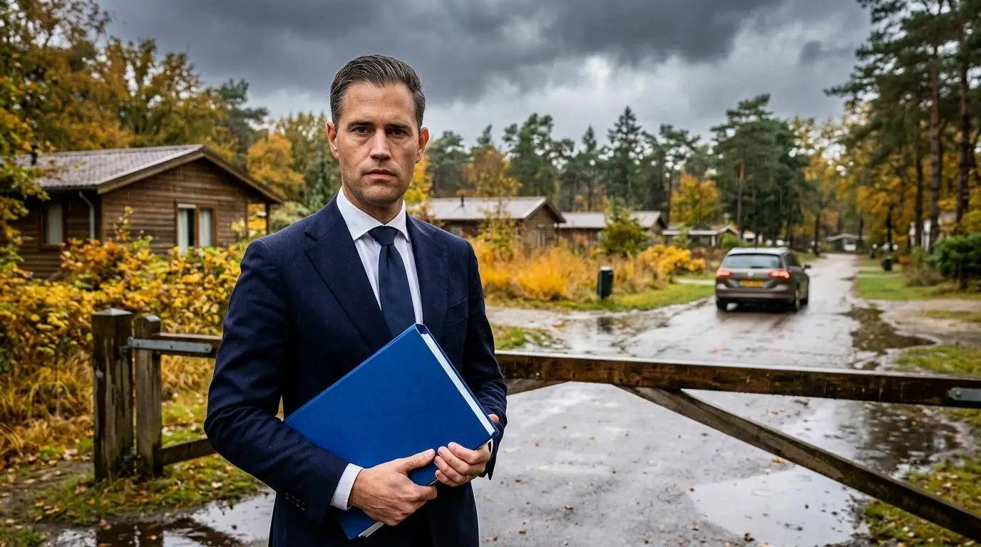 VVD-minister Eelco Heinen met een blauwe map bij de slagboom van een vakantiepark op een regenachtige herfstdag