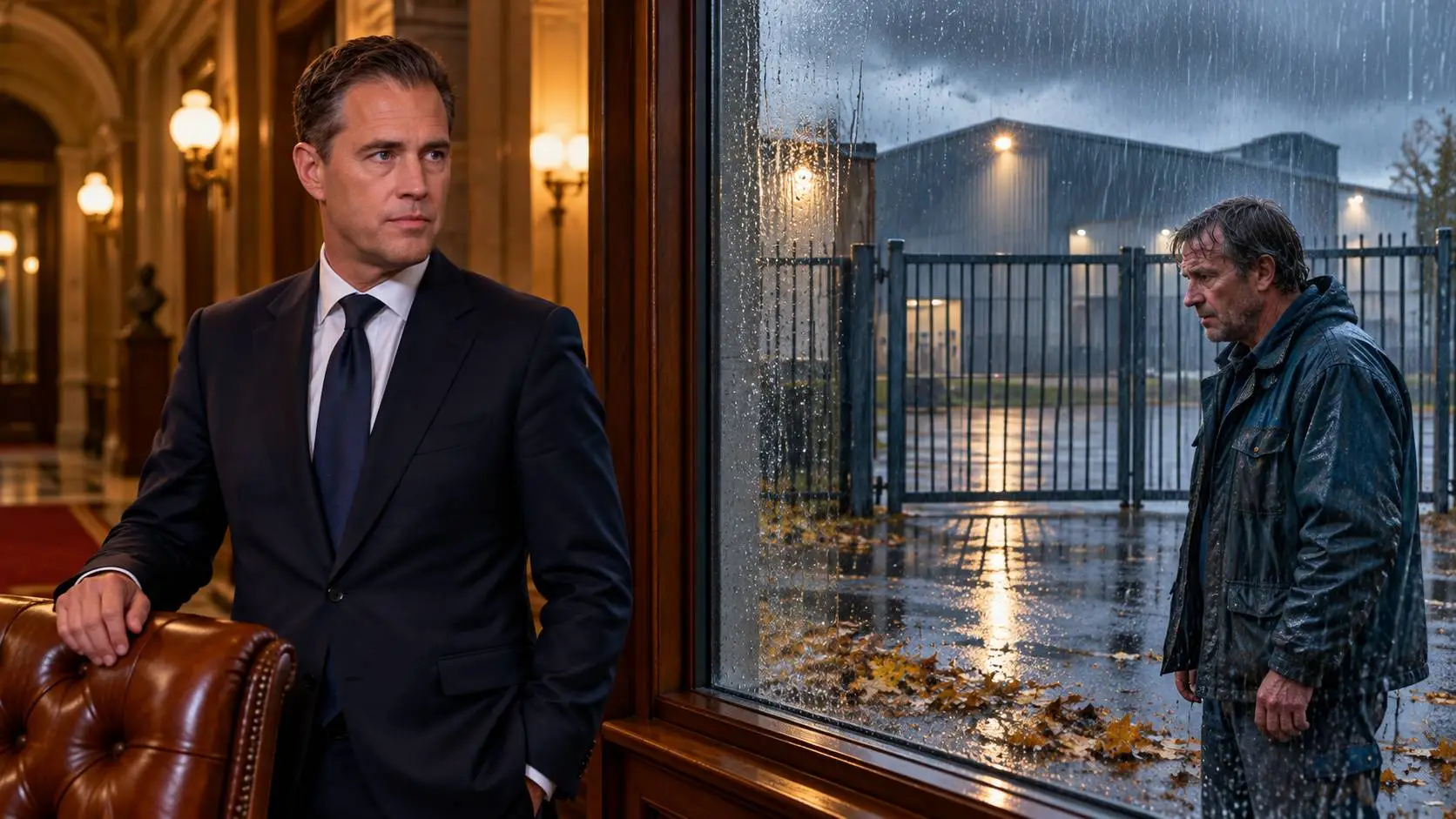VVD-minister Eelco Heinen bij een leren fauteuil, terwijl buiten in de regen een werknemer voor een gesloten poort staat