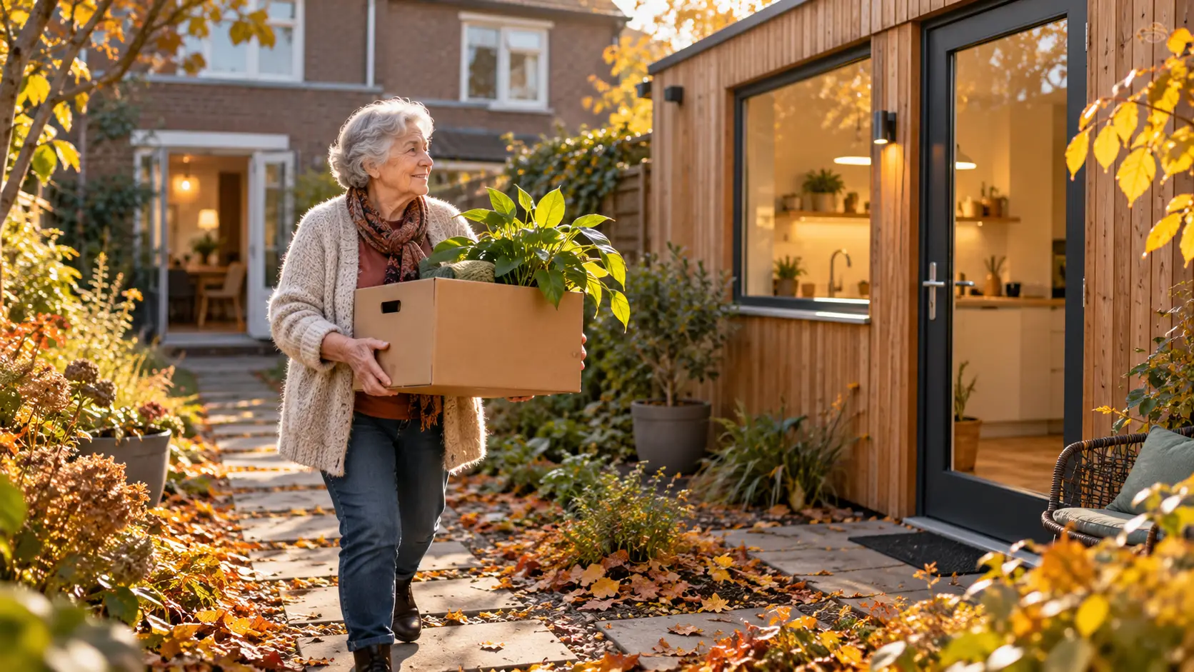 Oudere vrouw draagt een verhuisdoos met een kamerplant naar een houten tuinwoning in een herfstige achtertuin.
