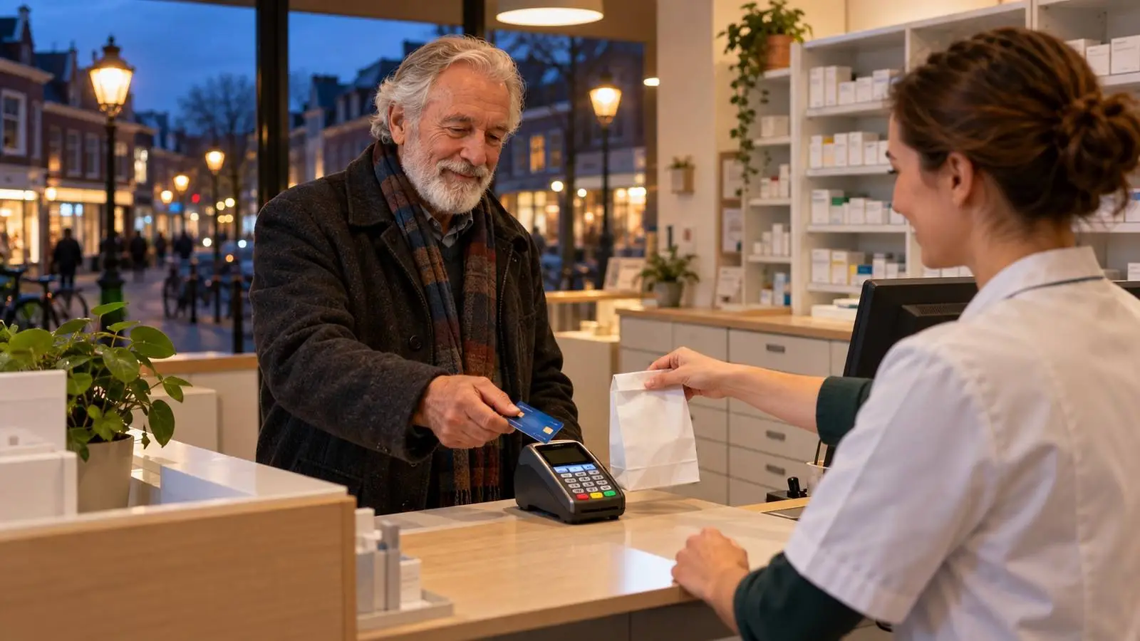 Oudere man met een grijze baard betaalt bij de balie van een apotheek met zijn pinpas