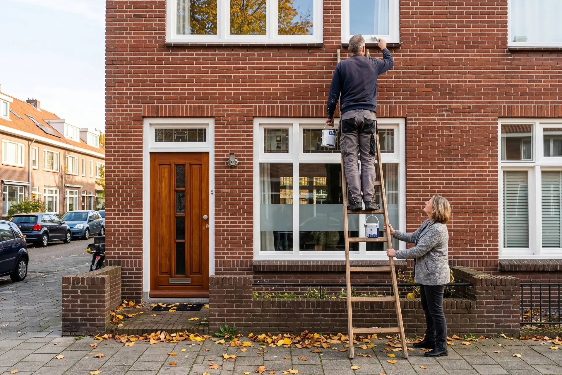 Man op een ladder schildert het kozijn van zijn tussenwoning terwijl zijn vrouw de ladder vasthoudt