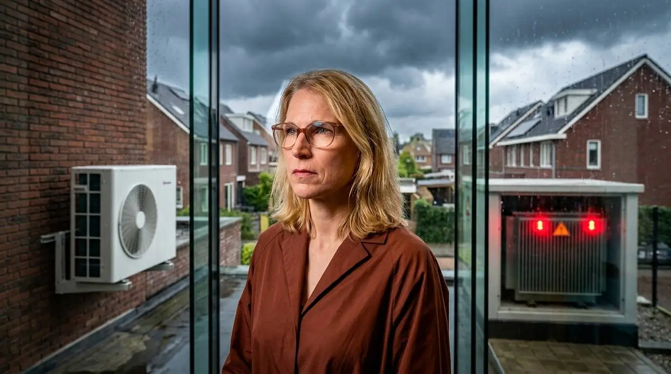 Illustratie van minister Elanor Boekholt-O'Sullivan bij een Nederlandse rijtjeswoning met een warmtepomp en een overbelast transformatorhuisje in de straat.